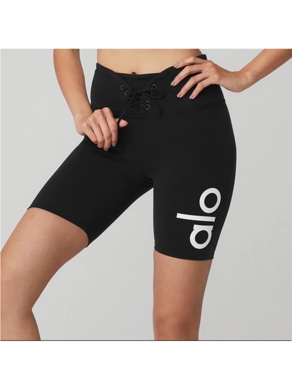 ALO Yoga Black Lace-Up High-Rise Bike Shorts with White Logo